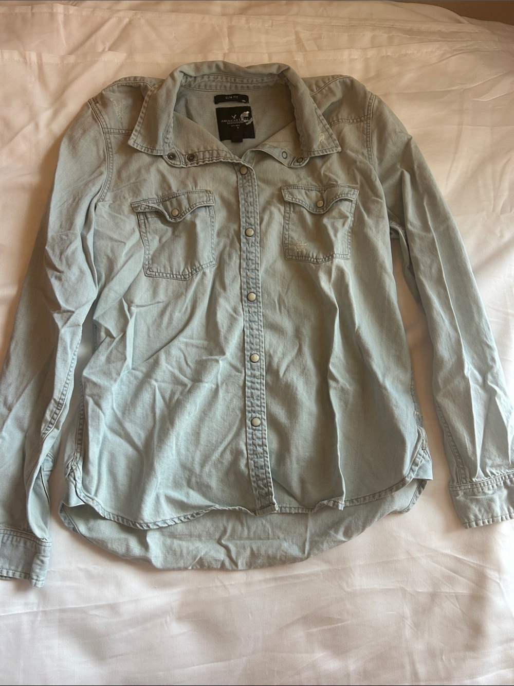 American Eagle Outfitters Light Blue Denim Button-Front Shirt